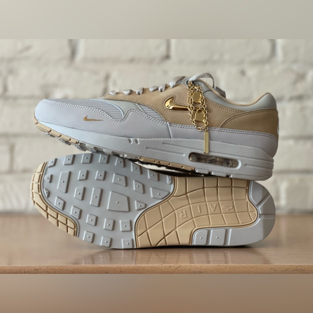Nike Air Max 1 By You ID Grey Sail Gold Custom Women Size 13.5/Men 12 FJ8893-900